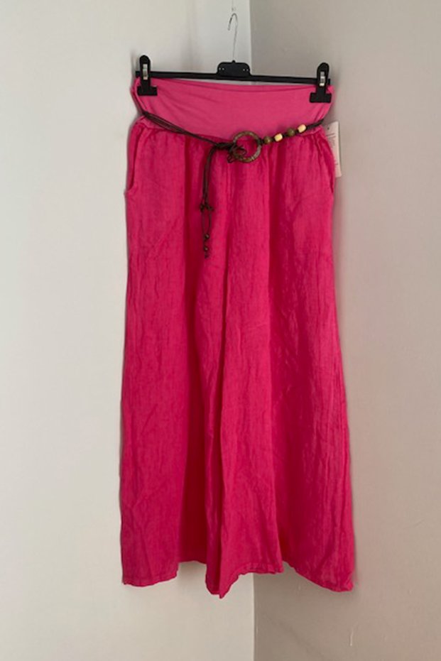 Women's Pink Italian Rope Belt Wide Leg Linen Trousers