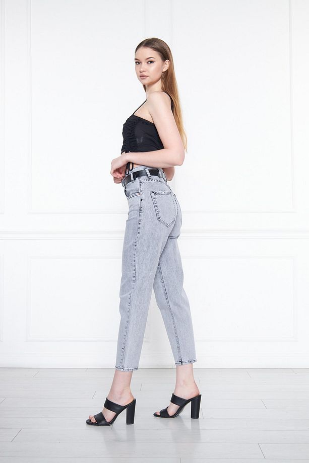 Gri Kar Yıkama Slouchy Likralı Pantolon - 3