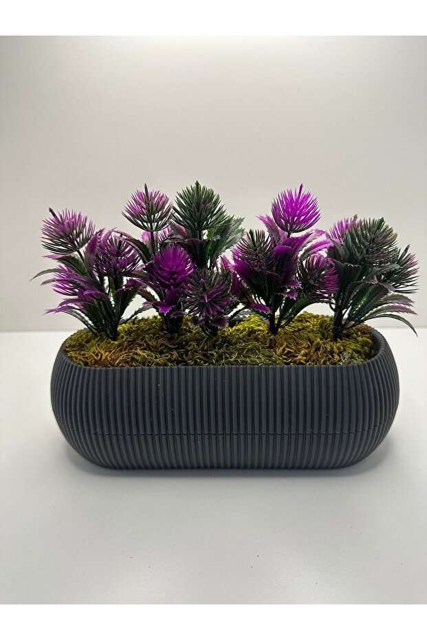 Artificial Flower Fuchsia Needled Pine Bunch in a Tall Gray Pot Decorative Kitchen Bathroom Table Flower 21x9x7 Cm