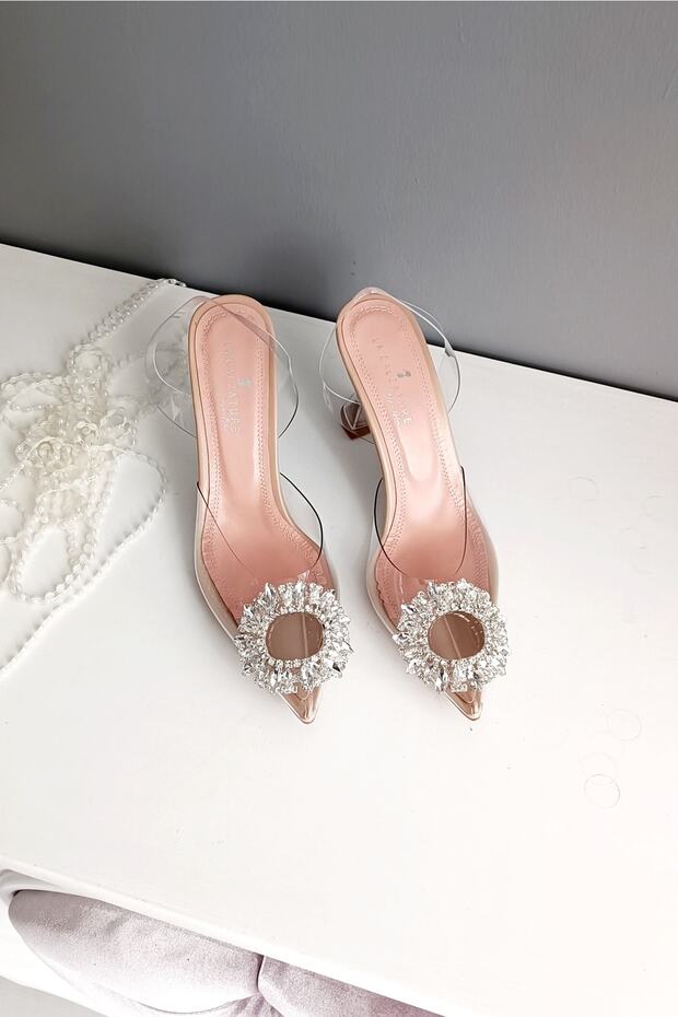 Skin Leather Champagne Heel Completely Transparent Genuine Leather Inner Lined Stone Buckle Stiletto Women's Shoes