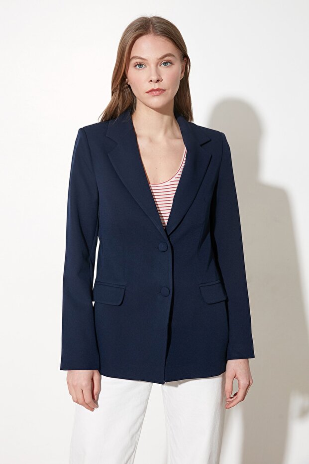 Lacivert Regular Astarlı Dokuma Blazer Ceket TWOSS20CE0126 - 9