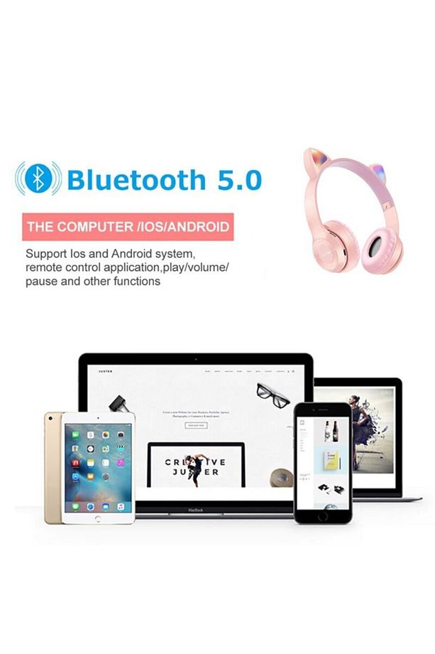 P47m Kedili Katlanabilir Kulak Üstü Kablosuz Bluetooth 5.0 Kulaklık Ledli Genç Kız Açık Mavi - 2