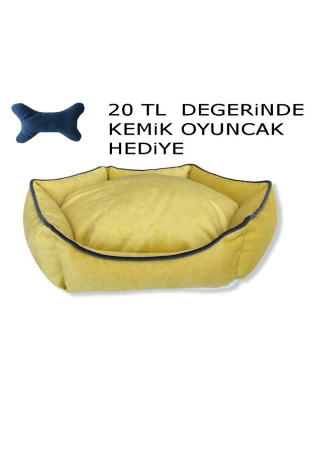 Yıkanabilir Fermuarlı Tay Tüyü Köpek Yatagı 70x70 Cm Sarı - 1