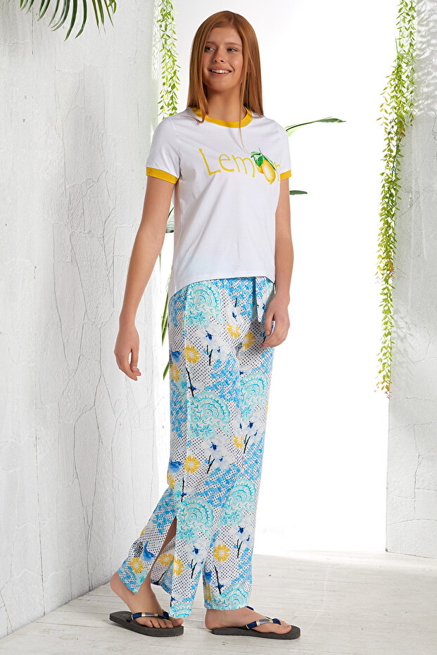 Women's White Printed Trousers Set