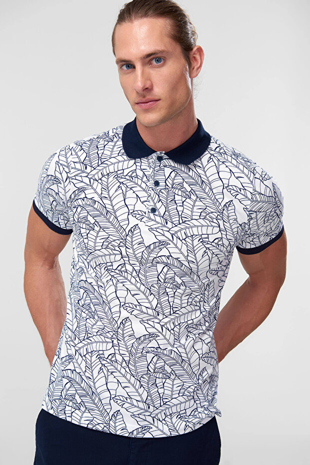 Handeks Beyaz Erkek Polo Yaka T-Shirt - Yaprak Desenli - 1