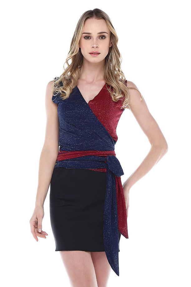 Kadın Bordo Lacivert Hafif Simli Anvelop Bluz BDT2483 - 1