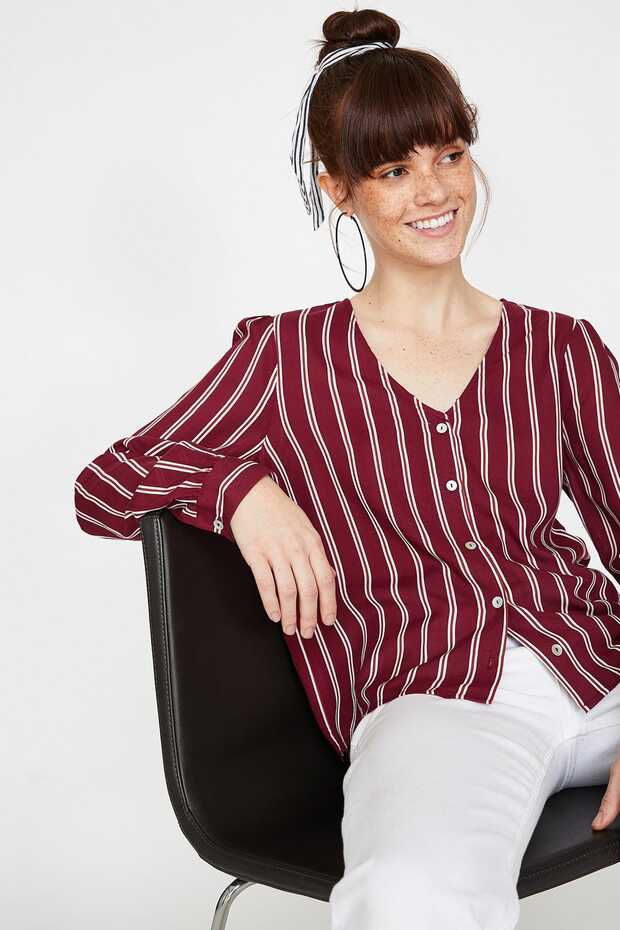 Kadın Bordo Çizgili Bluz 9YAL68182IW - 1