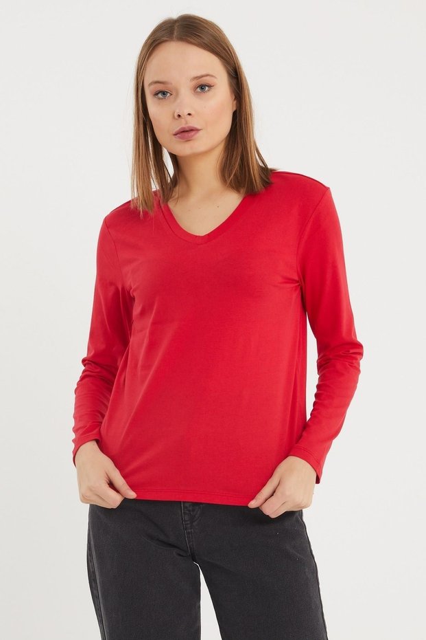 Women's Long Sleeve V-Neck Basic Cotton Knitted T-shirt