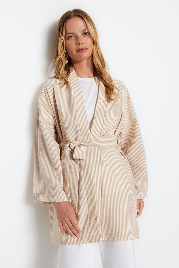Taş Kuşaklı Dokuma Gofre Çizgili Kimono & Kaftan TCTSS23KK00001 - 1