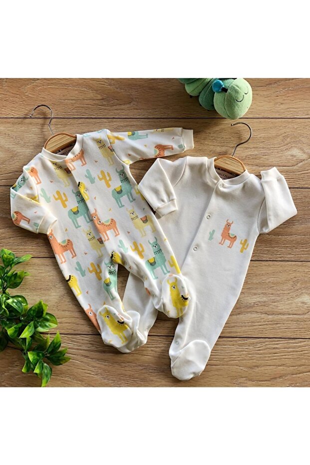 2-Piece Cotton Organic Baby Rompers Set with Booties Lama