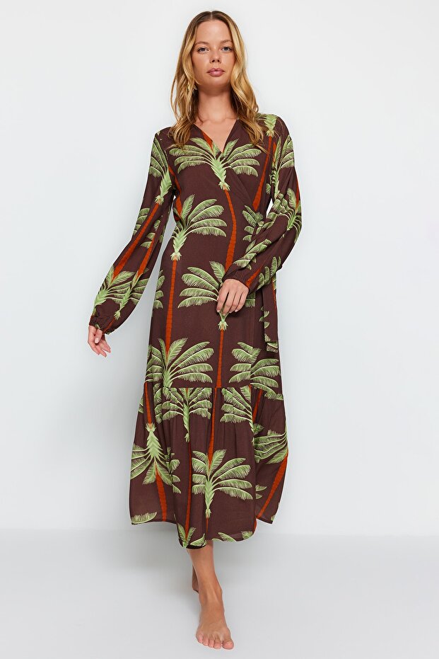 Tropikal Desenli Maxi Dokuma Plaj Kimono&Kaftan TBESS23KM00053 - 1