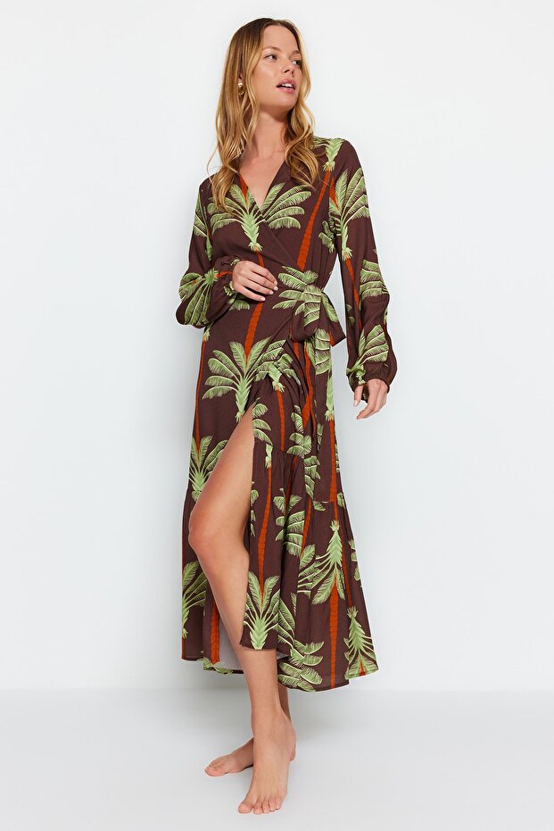 Tropikal Desenli Maxi Dokuma Plaj Kimono&Kaftan TBESS23KM00053 - 2