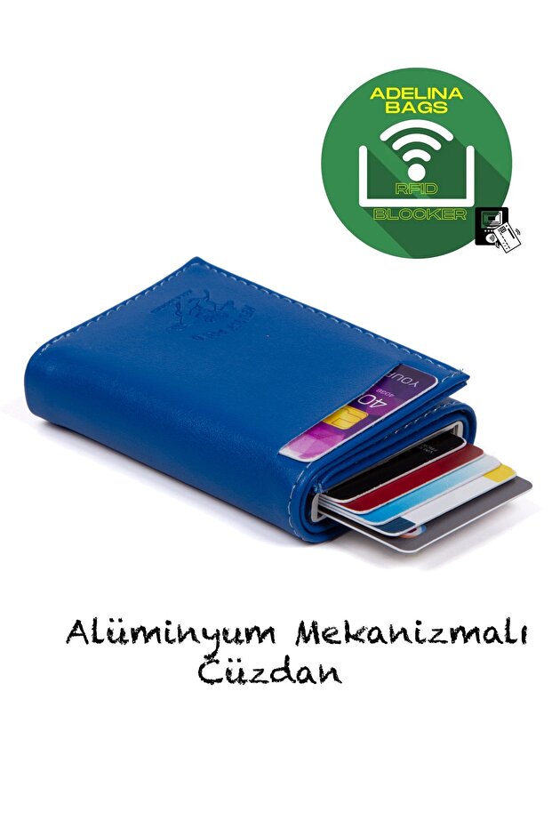 Adelina Cobalt Blue Nova Leather Mechanism Automatic Slide Card Holder Wallet