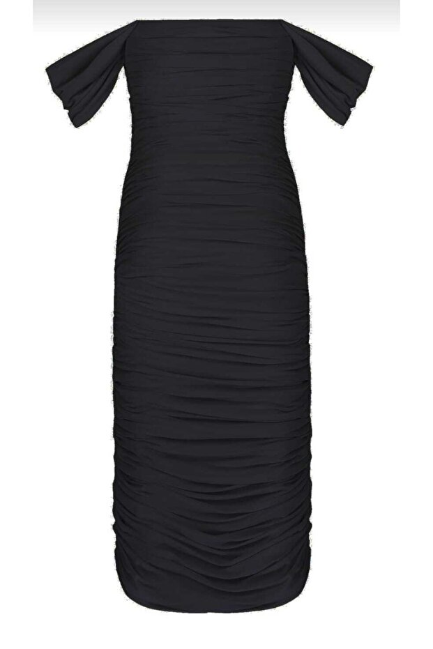 Women's Black Draped Gathered Sleeves Lined Zippered Imported Silk Jersey Midi Dress