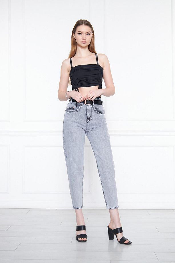 Gri Kar Yıkama Slouchy Likralı Pantolon - 4