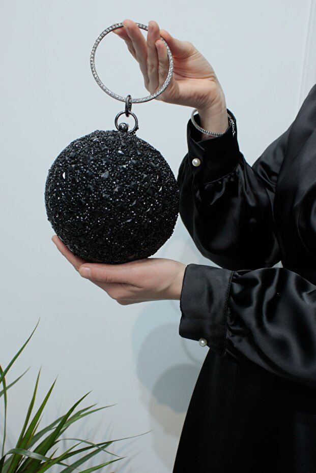 Black Evening Dress Evening Bag with Round Crystal Stones