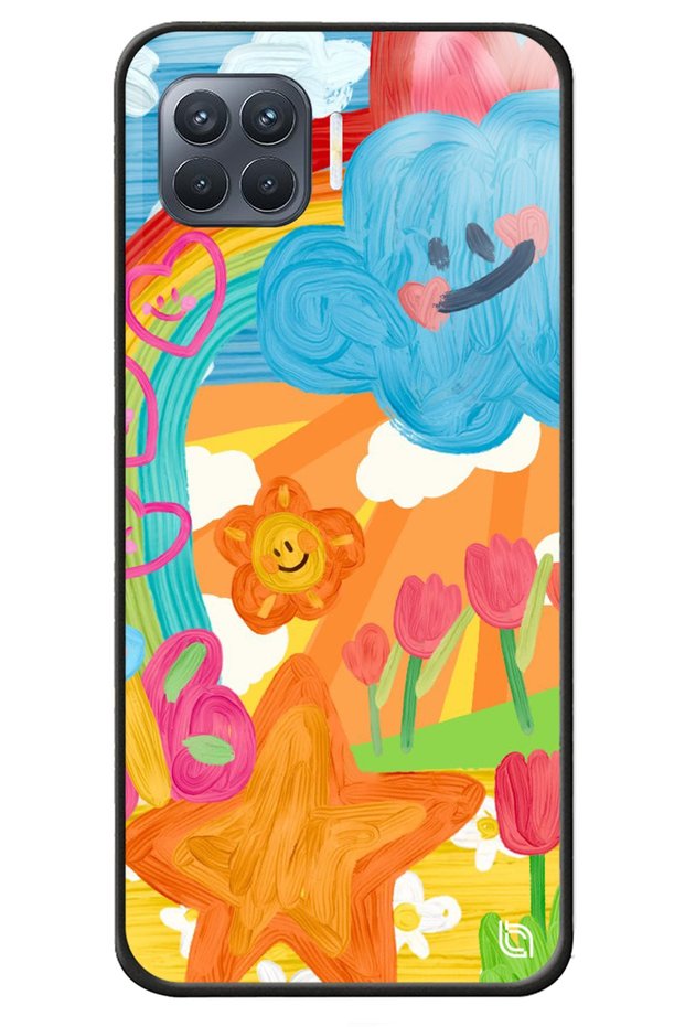 Oppo Reno 4 Lite Glossy Phone Case with Camera Protection Heart Cloud Premium Pattern