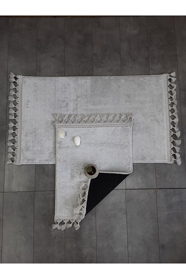 Elite Gray Pompom Fringed Plush 2-Piece Bath Mat Carpet Anti-Slip Base Toilet Set with Tassels
