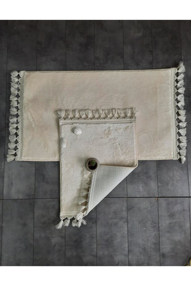 Elite Cream Pompom Fringed Plush 2-Piece Bath Mat Carpet Non-Slip Base Toilet Set with Tassels