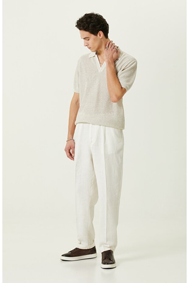 Ekru Geniş Paça Pileli Pantolon - 2