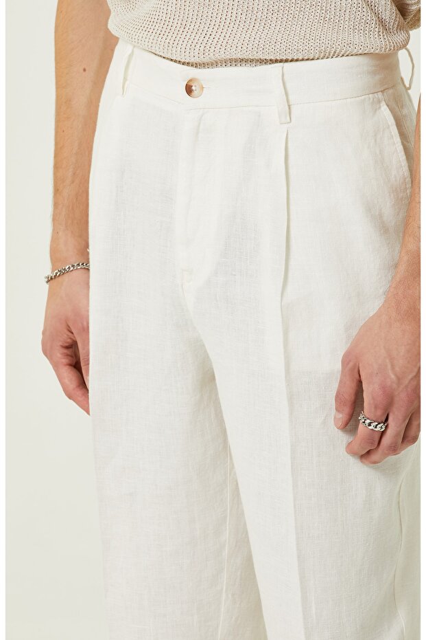 Ekru Geniş Paça Pileli Pantolon - 5