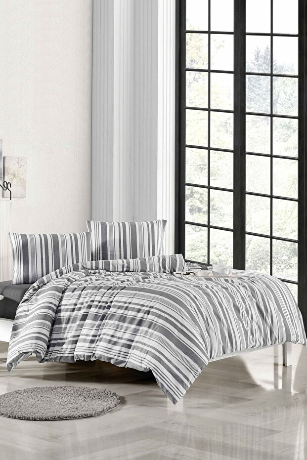 King Size Duvet Cover Set (180X200 Fitted Sheet Quilt Cover) Striped White