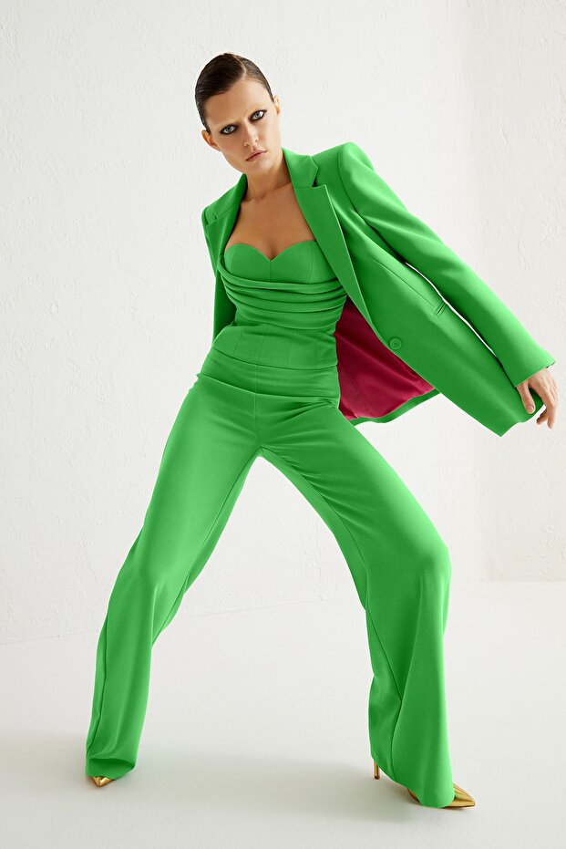 Single Button Green Crepe Blazer Women's Jacket