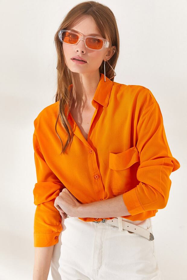 Women's Orange Single Pocket Woven Viscose Shirt GML-19000890