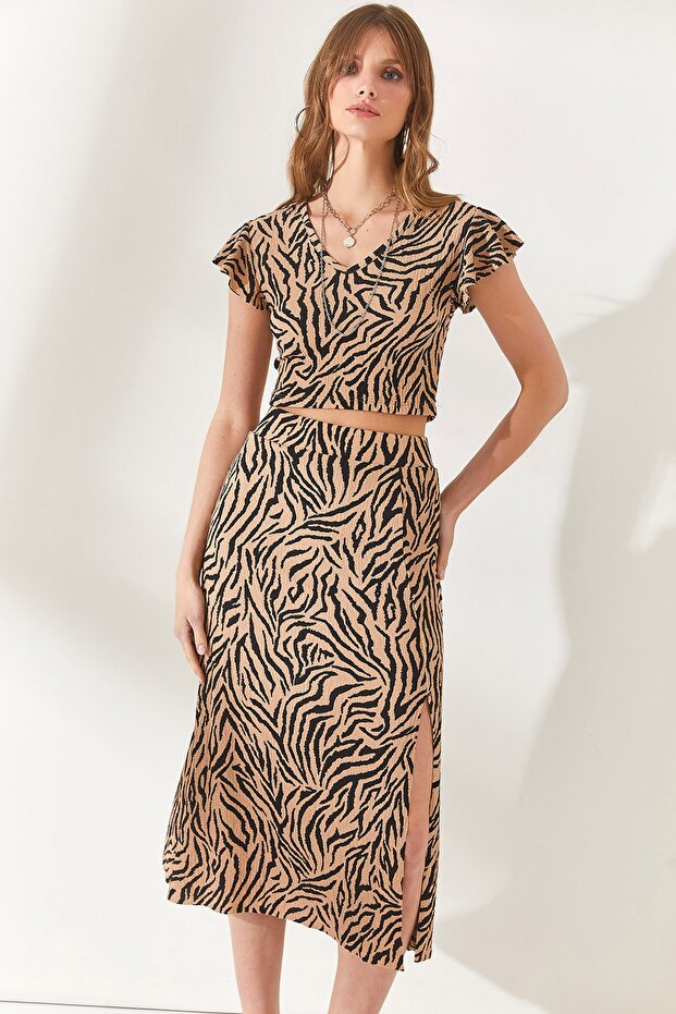 Women's Camel Zebra Top Blouse Bottom Slit Skirt Set TKM-19000198