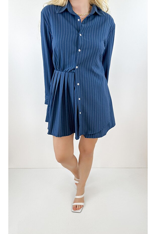 Pliseli Asimetrik Gömlek Elbise - 3