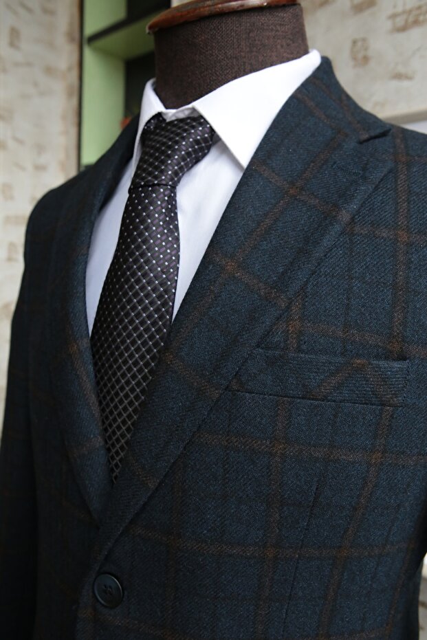 Checkered Blue Stamped Winter Jacket - 2