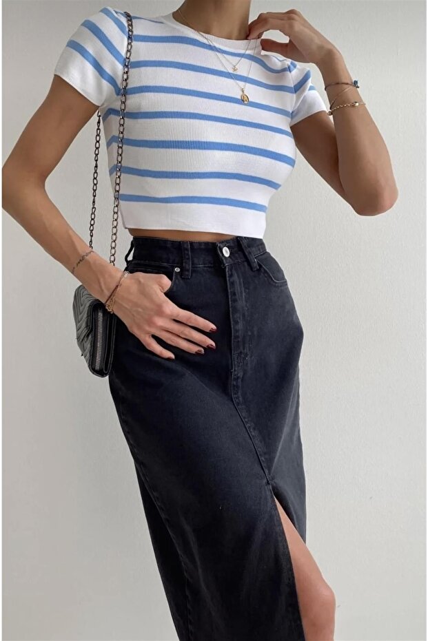 Basic Çizgili Triko - Mavi - 1