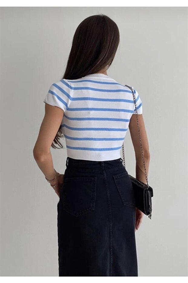 Basic Çizgili Triko - Mavi - 4