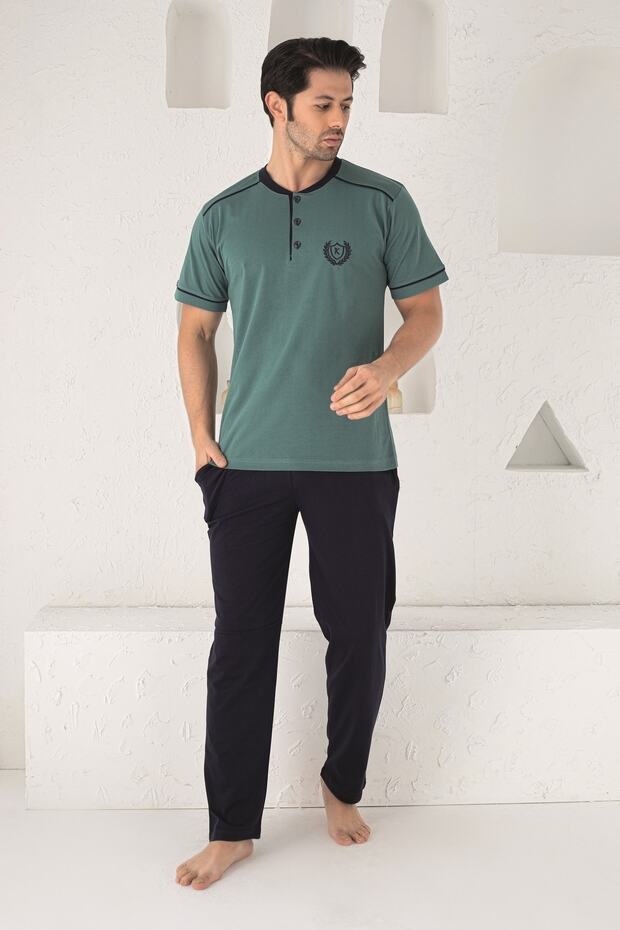 Short Sleeve Buttoned Collar Pocket Trolley Cotton Men's Pajama Set