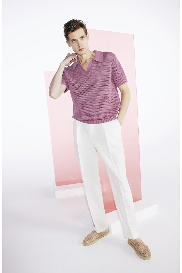 Ekru Geniş Paça Pileli Pantolon - 1