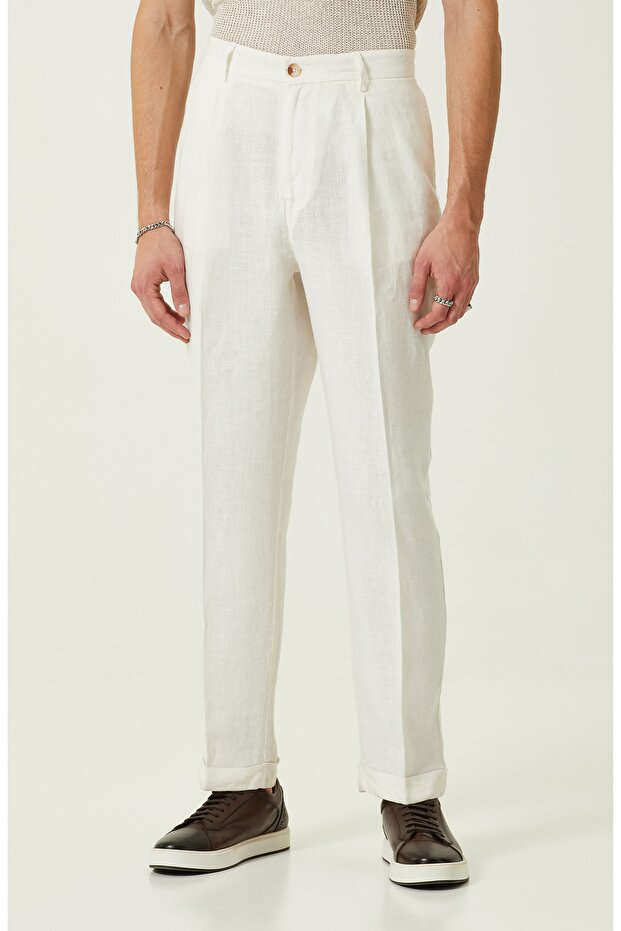 Ekru Geniş Paça Pileli Pantolon - 3