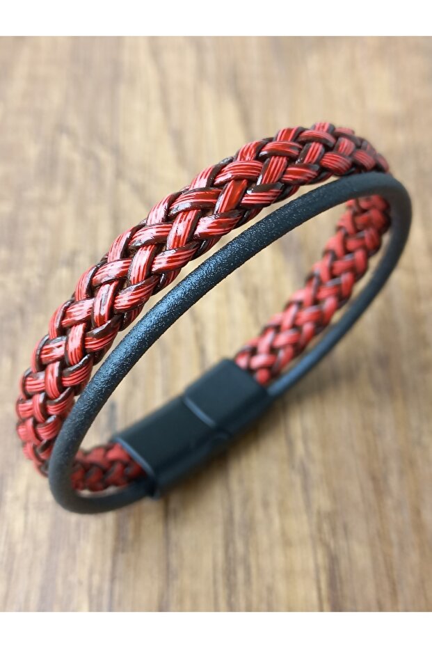 Red Black Braided Leather Bracelet
