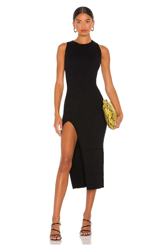 Women's Black Sleeveless Slit Silk Jersey Midi Dress