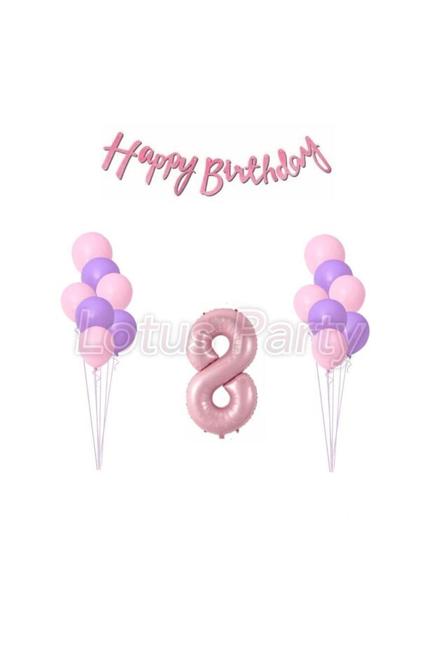 8 Years Old Pink Lilac Balloon Set - 15 Balloons - Pink Happy Birthday Text - Pink Number Foil Balloon