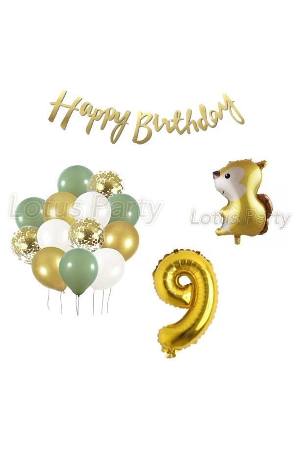 9 Years Safari Themed Squirrel Balloon Set Mold Green Gold White Balloon Squirrel Foil Balloon Gold Happy Lettering