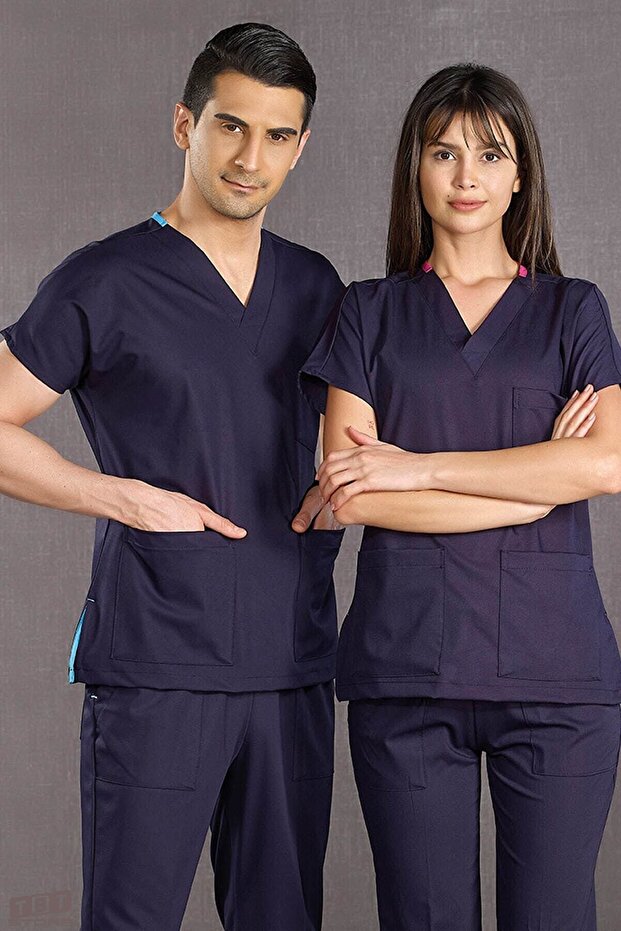Navy Blue Doctor Nurse Jersey Scrubs Dr Greys Lycra Suit (Flexible Fabric)