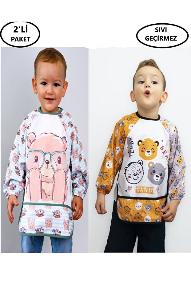 Bebechi Set of 2 Combination Cute Bear Teddly Bear Pattern 0-3 Years Old Baby Food Bib with Liquid Proof Sleeves