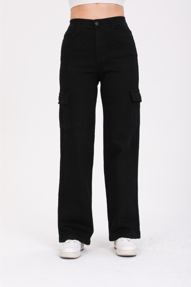 Black Cargo Pocket Lycra High Waist Loose Wide Leg Jeans Wide Leg Jeans