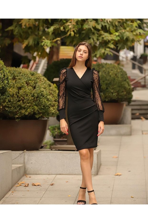 Women's Scuba Fabric Double-breasted Collar Pleated Sleeve Flock Tight Fit Dress