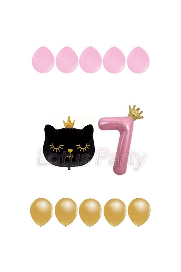 7 Year Old Cat Themed Balloon Set - Pink Gold Balloon - Black Cat Foil Balloon Pink Number Balloon