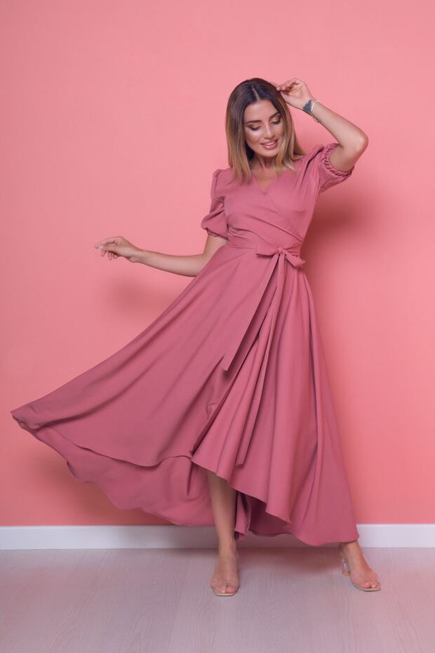 Women's Asymmetrical Cut Dusty Rose Short Front Long Back Double-Breasted Collar Dress