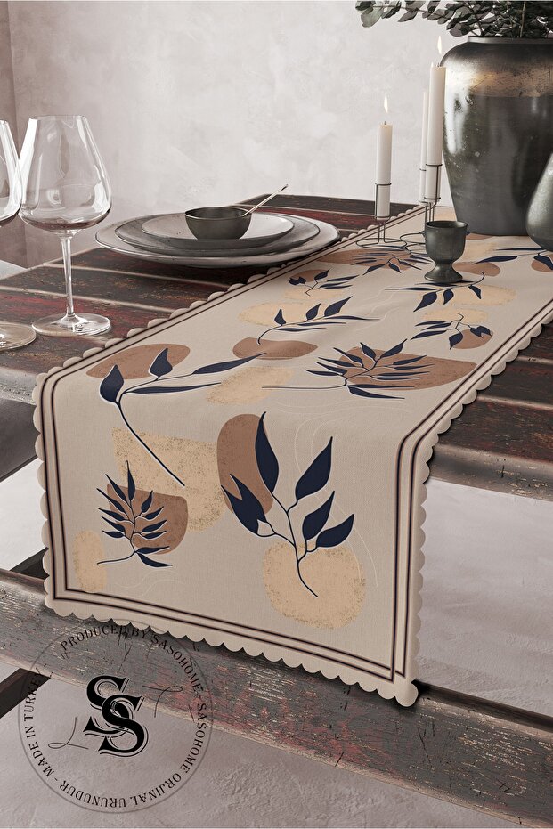 Modern Designed Digital Printed Decorative Runner with Dark Blue Leaves Pattern on Cream Background - 2
