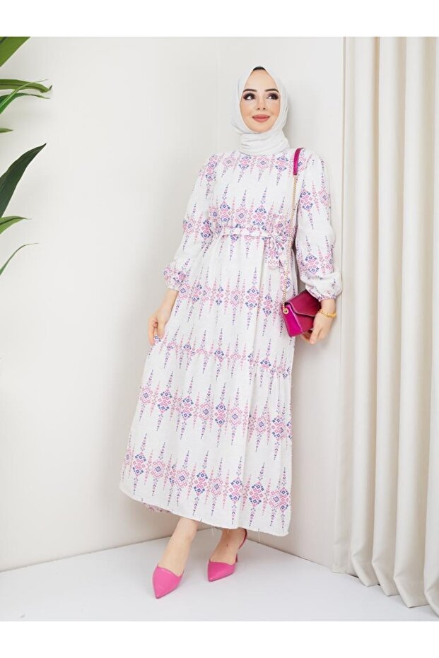 8184 Patterned Linen Hijab Dress Fuchsia