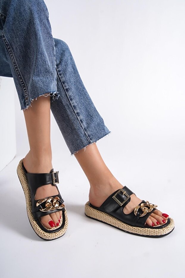Mambo Chain Buckle Black Daily Women's Straw Slippers