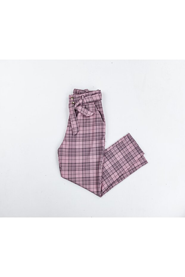 Plaid Striped Fabric Girl's Belted Trousers